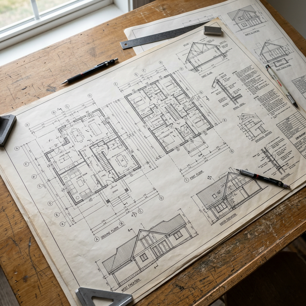 House floor plans and architectural elevations on a drafting table