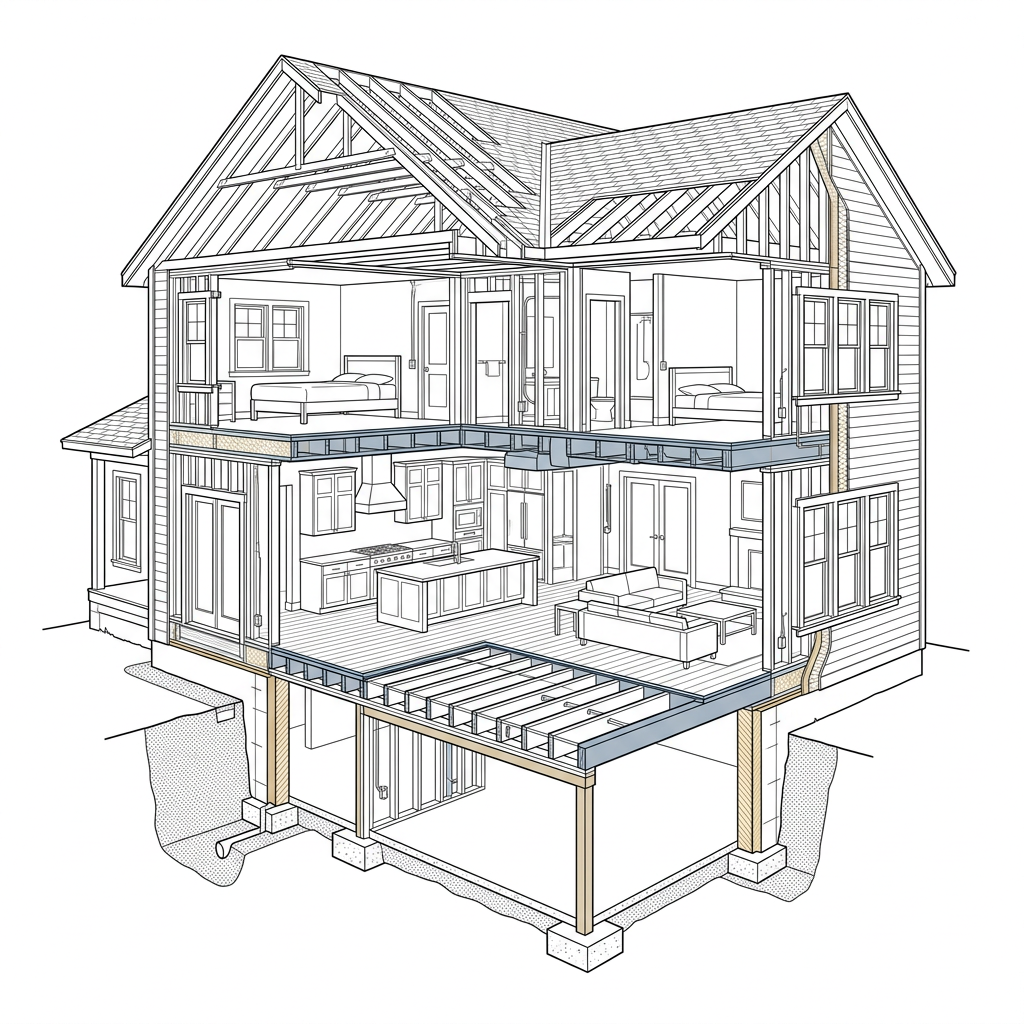 Cutaway drawing of a three-story house showing rooms and structural framing