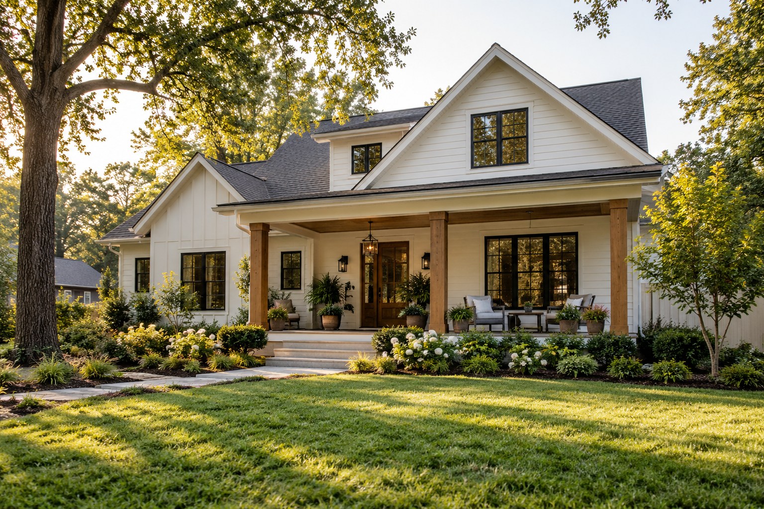 An inviting white-sided home with a covered porch, wood posts, and mature trees.